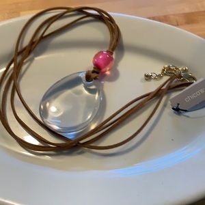 Chico’s leather drop lucite necklace w/pink bead.
